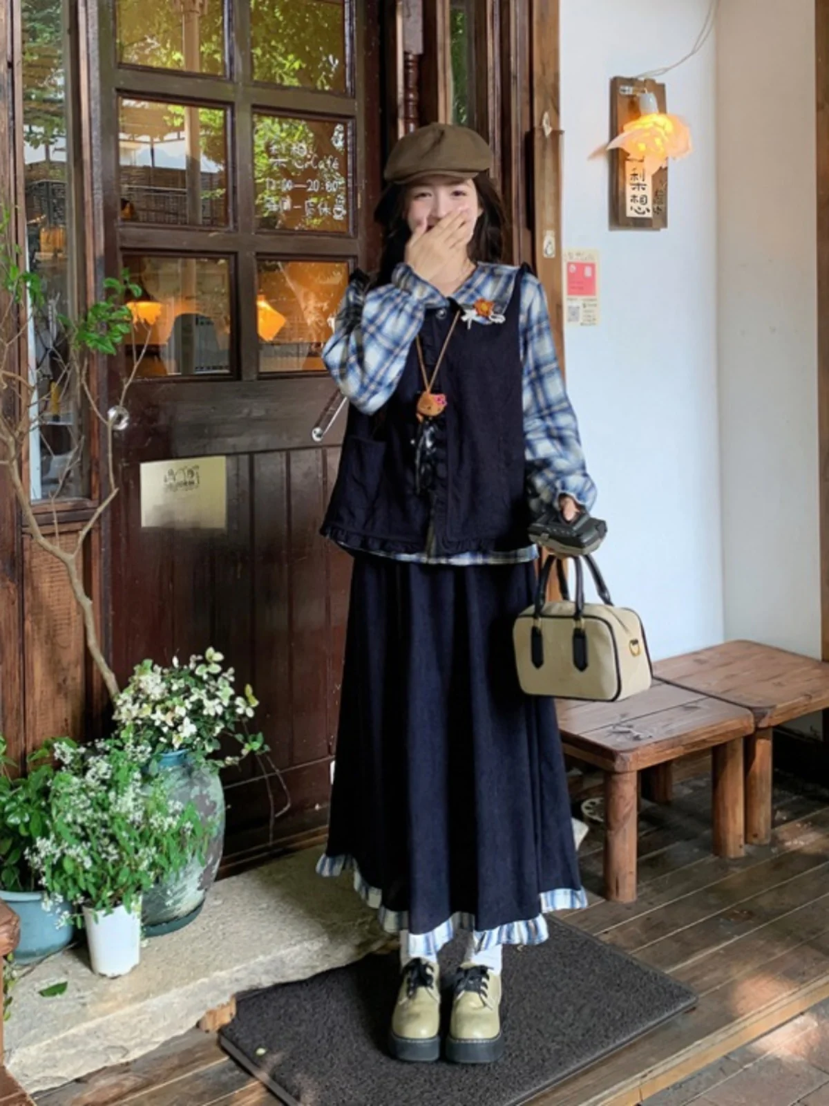 

Large Size Japanese College Style Set Women's Sweet Plaid Shirt Fat MM Corduroy Skirt Three Piece Set Autumn Fashion