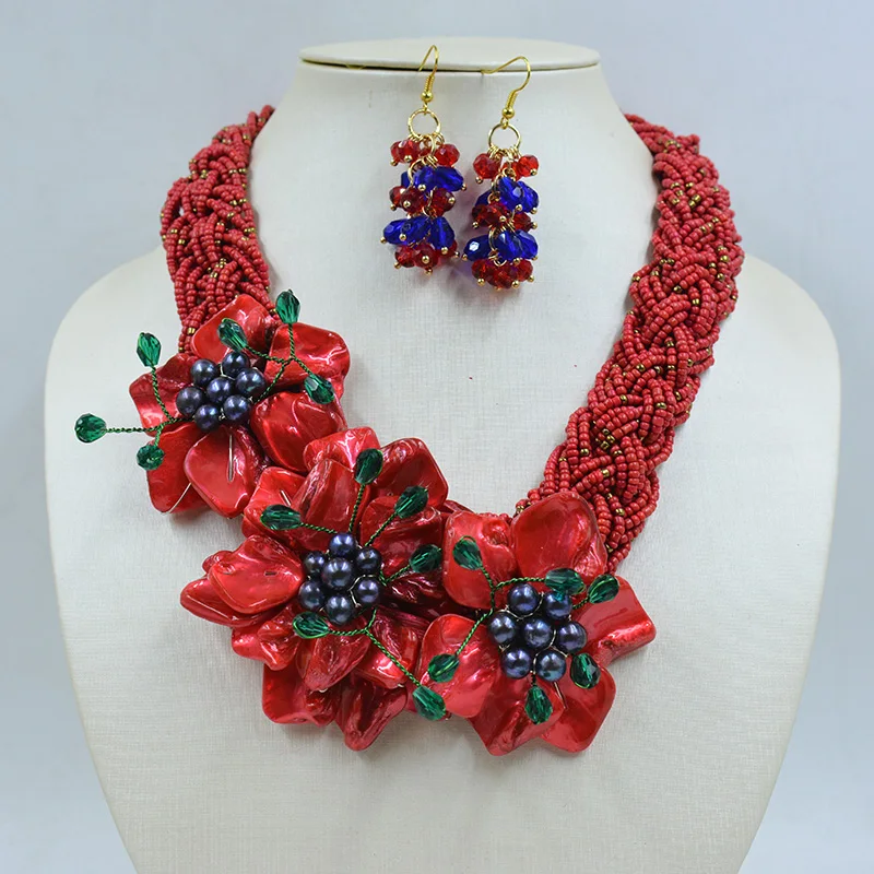 Handwoven Shell Flower Necklace Earring Set  18”