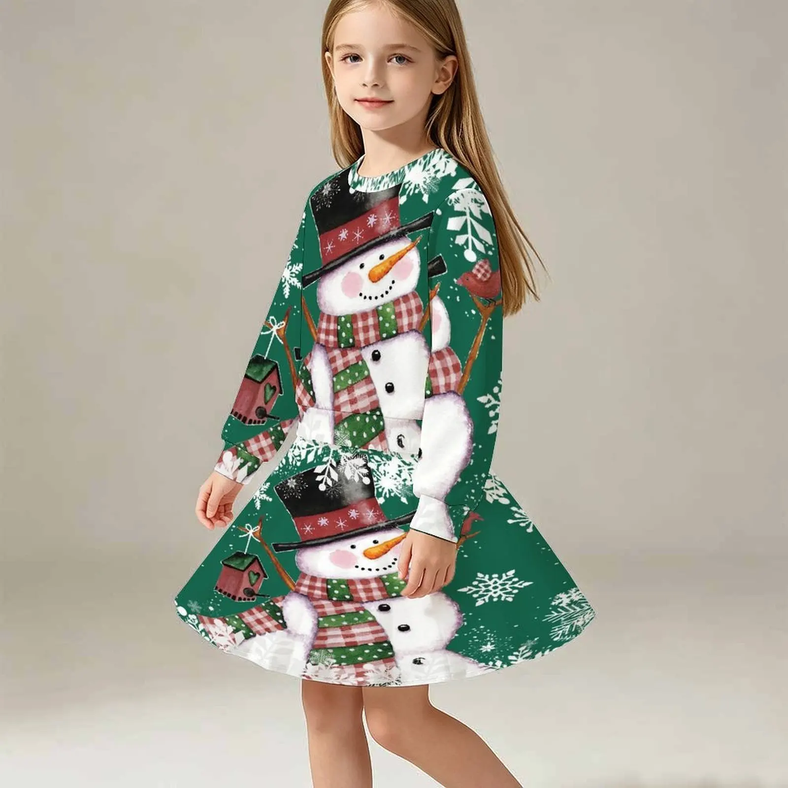2pcs Autumn Winter Child's Round-Neck Long Sleeve Fashion Print Midi Skirt Daily Wear Christmas Two-Piece Girl Casual Top