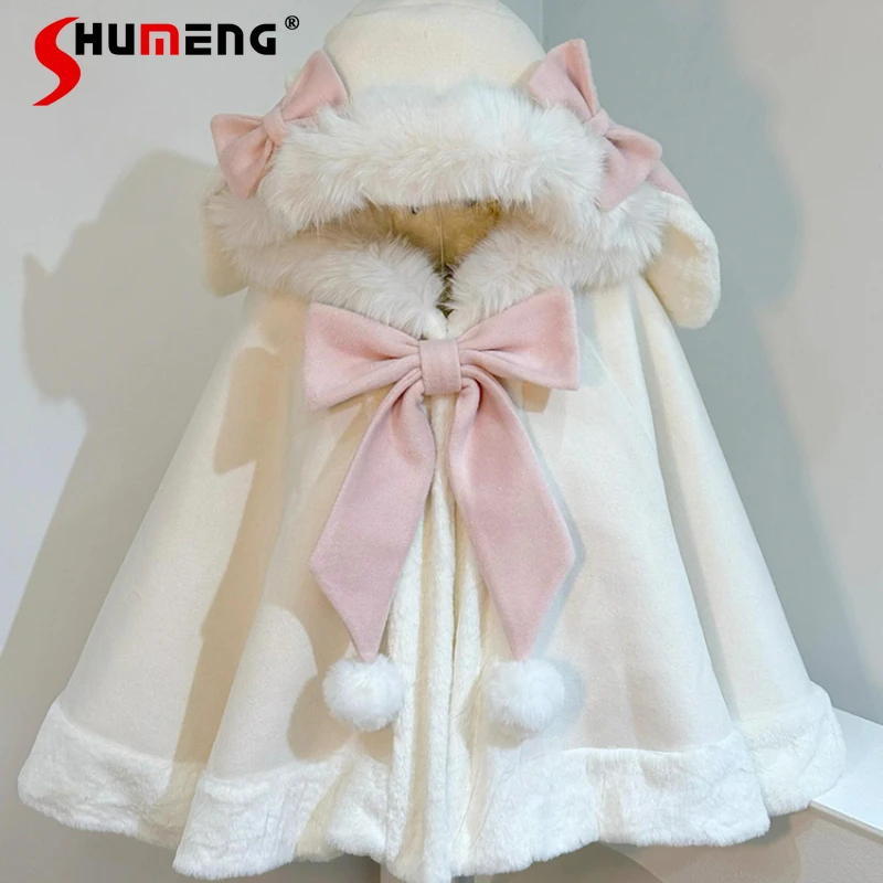 

Christmas New Year's Woolen Jacket Gentle Sweet And Cute Cartoon Rabbit Ears Woolen Cape Loose Age-reducing Bow Hooded Jacket