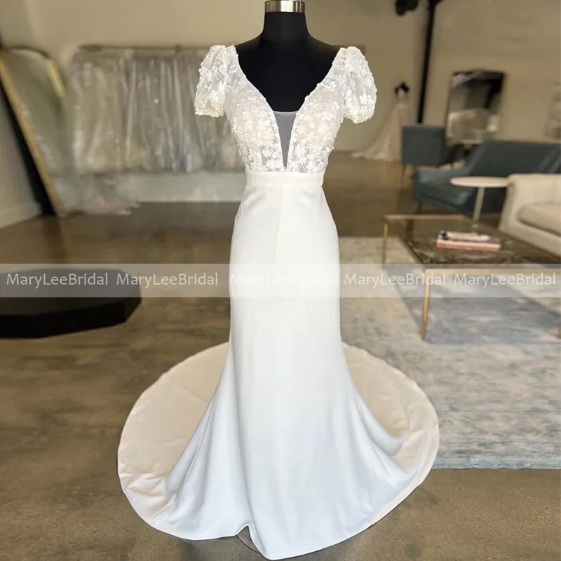 

Plunging V-Neck Stretch Crepe Wedding Dress with Short Puff Sleeves Illusion Lace Bodice Mermaid Full Clean Skirt Bridal Gowns