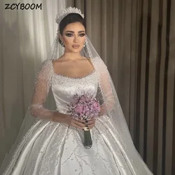 Vestido de novia blanco con perlas y cuello en V personalizado, vestido de baile hasta el suelo, cola de barrido con cordones, vestido de novia hecho a medida 2024