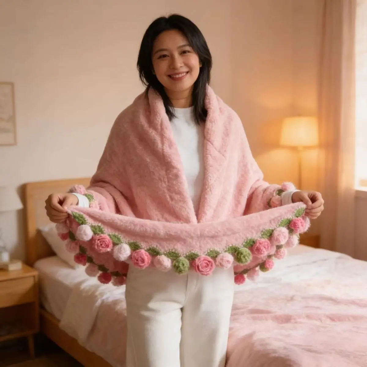 

Dreamy Pink Gradient Floral Plush Blanket - Finished Rose Bouquet Knit Throw for Girlfriend Valentine's Day Handmade Gift