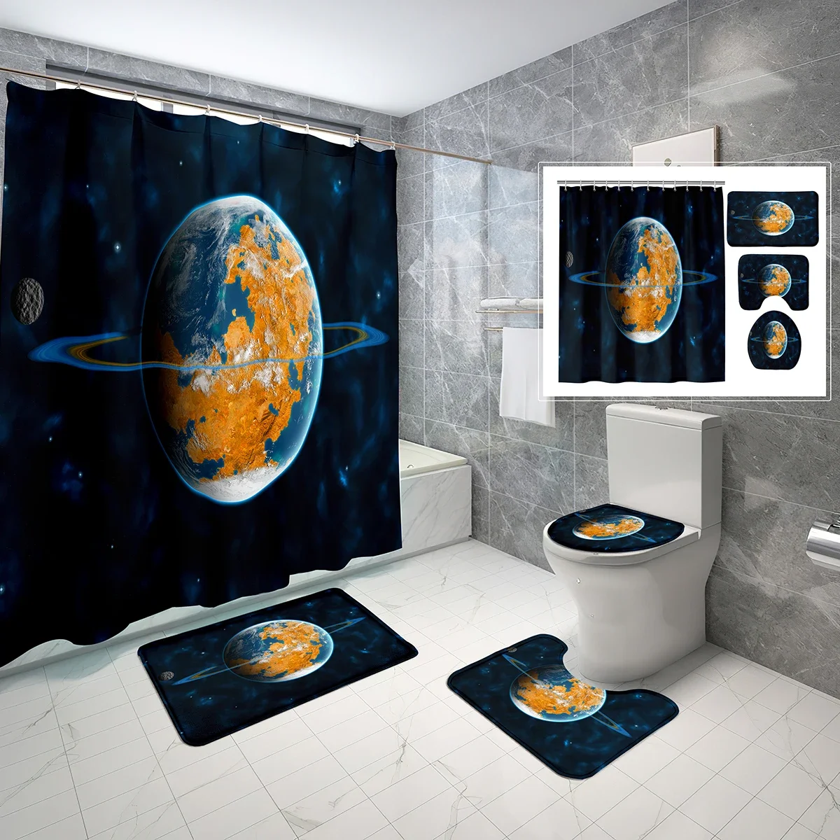 4 PCS Planet Shower Curtain Sets,Mystery Planet Outer Space Bathroom Waterproof Bath Curtain,Non-Slip Bath Mat Toilet Cover Set