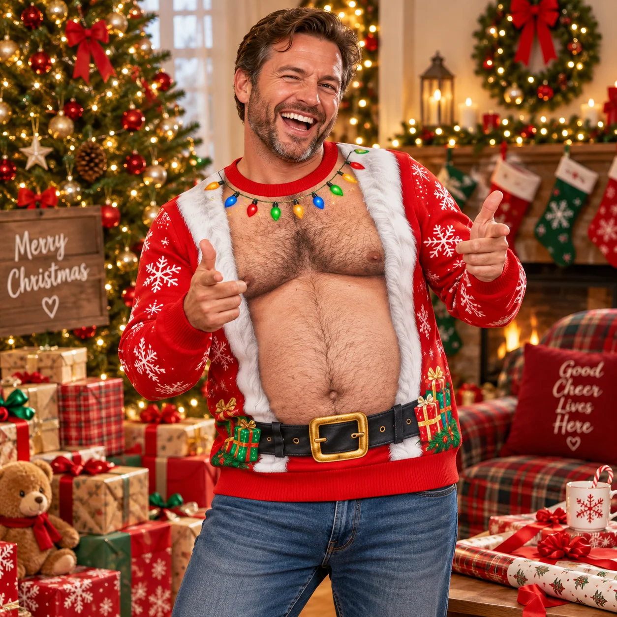 Santa Belly Illusion Hässlicher Weihnachtspullover für Herren, 3D-Druck, Polyester, Rundhals-Sweatshirt, lustiges Weihnachtskostüm, Pullover – Detail 5