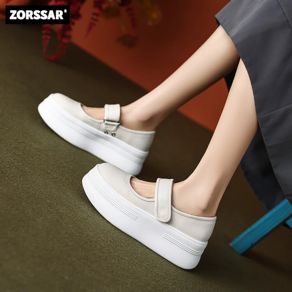 2024 New Cow Leather Mid Heel Women Mary Jane Sneakers White Fashion Thick Bottem Slip On Casual Women Platform Vulcanize Shoes