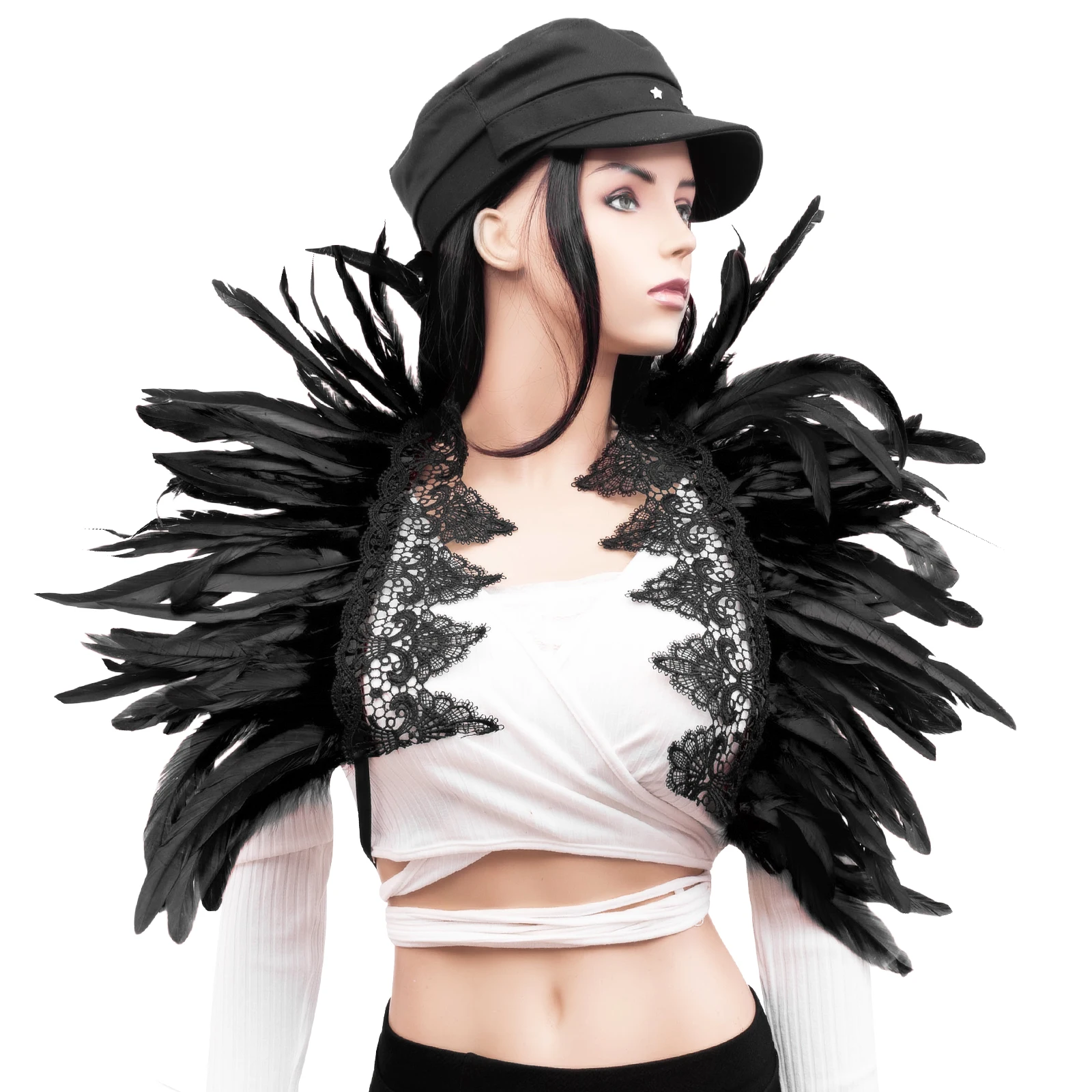 Women Harajuku Lace Feather Shawl Gothic Feather wings epaulette pastel goth body harness,blackFeather wing body harness cage