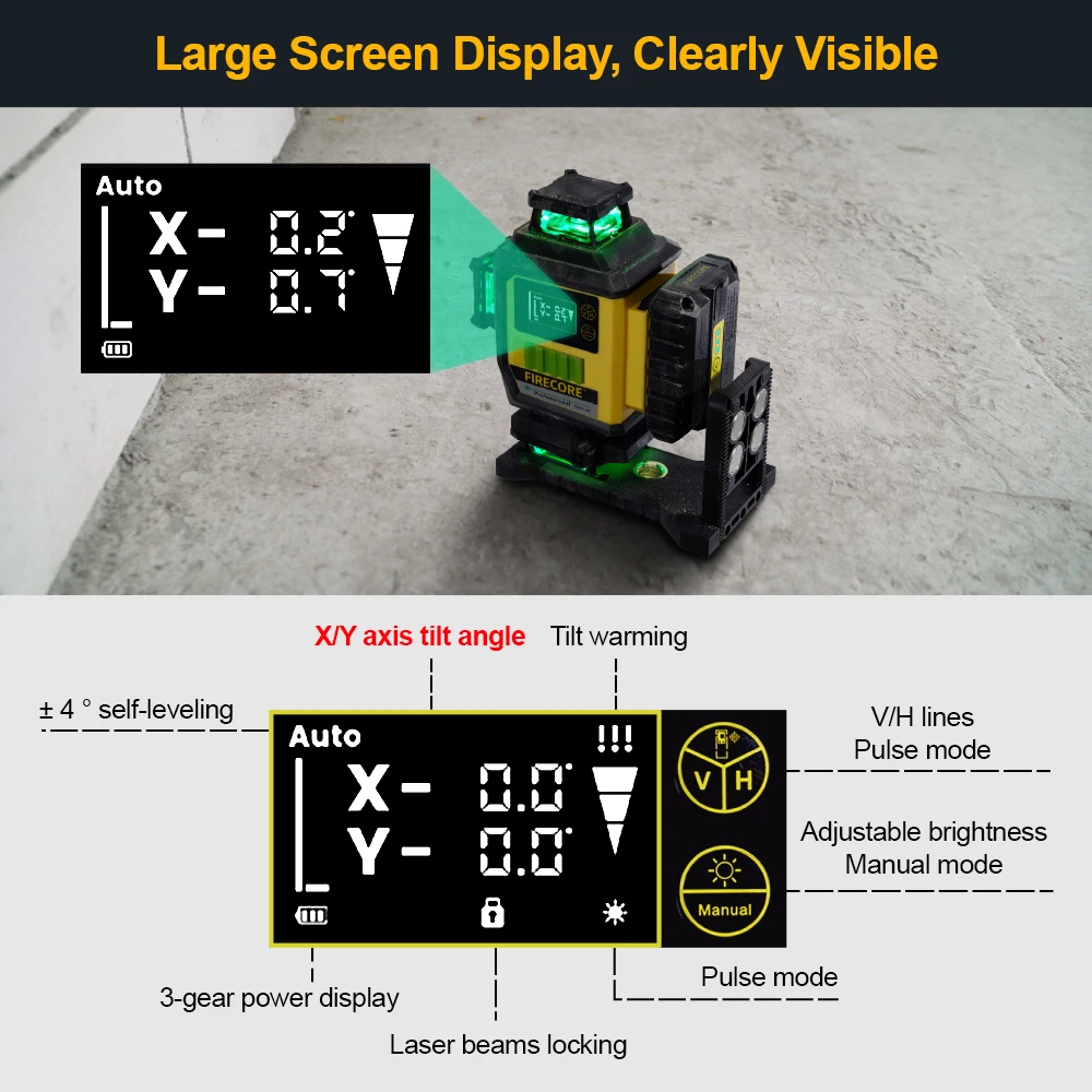 FIRECORE F95T-4G 16 lines 4D Green Laser Level 360 6600mAh Li-ion Battery Self-Leveling,X/Y axis angle display,Remote Control
