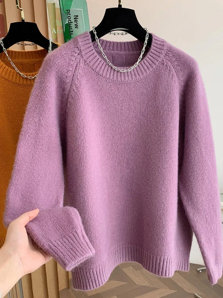 

Мягкий фиолетовый вязаный круглый пуловер Ne, женский осенне-зимний ленивый корейский универсальный вязаный топ с базовым слоем