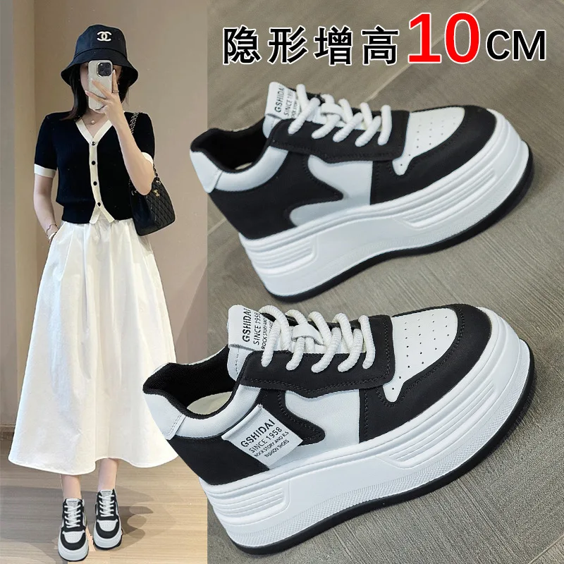 

Black and white board shoes for women 2025 spring new versatile leather thick soled white shoes for women