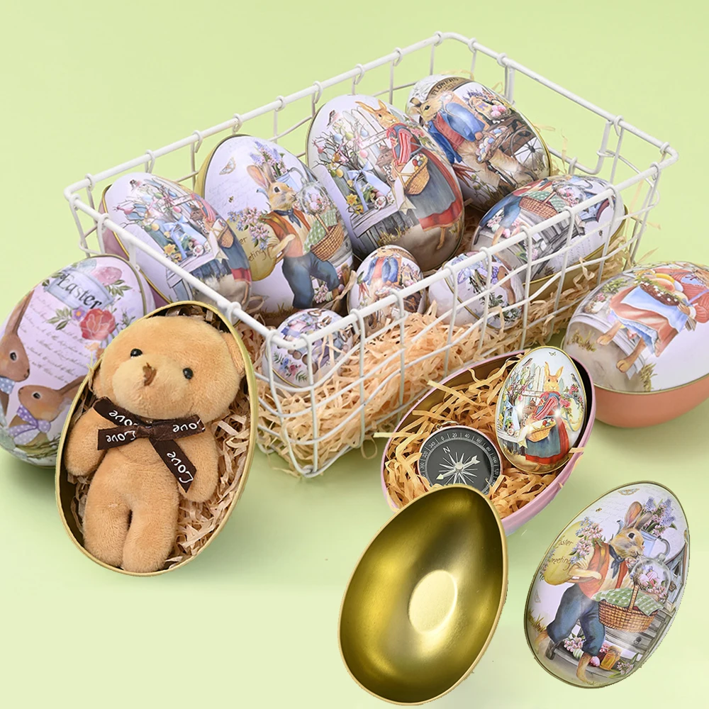 

3/6pcs Easter Bunny Egg Tinplate Gift Box Metal Eggshell Vintage Rabbit Printed Candy Container Easter Party Kids Favors Decors