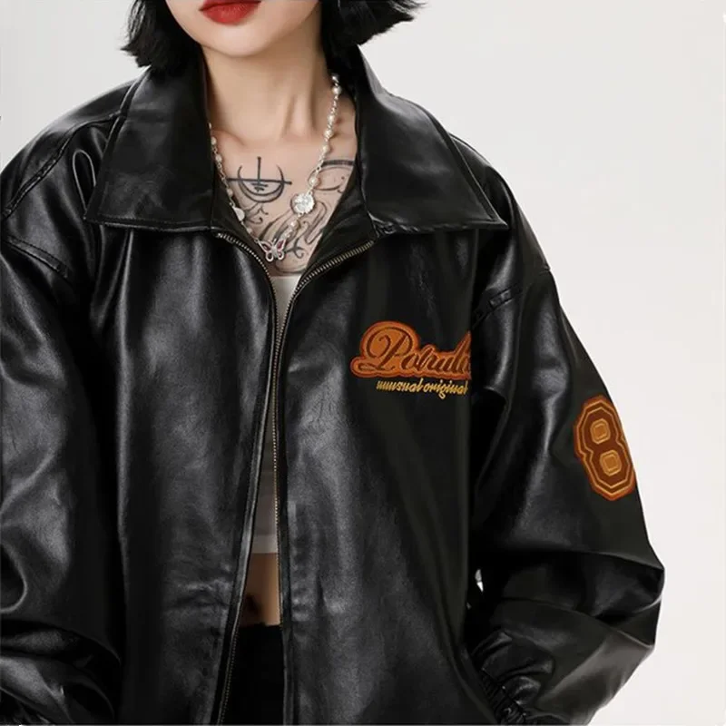 Lapel Letter Embroidery PU Leather Jacket Europe American Women Trend Loose Baseball Coat Sport Streetwear Vintage Pilot Outwear