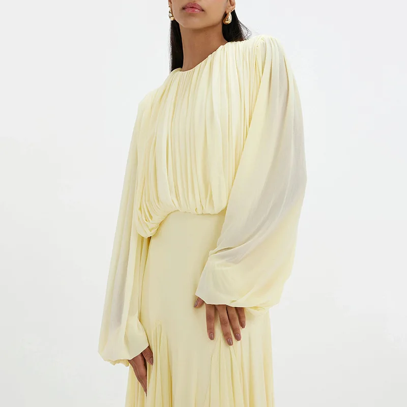 2026 Neues Französisches Elegantes Rundhals-Kleid mit Hochwertiger Plissee-Patchwork-Verzierung in Voller Länge Vestidos De Mujer – Detail 9
