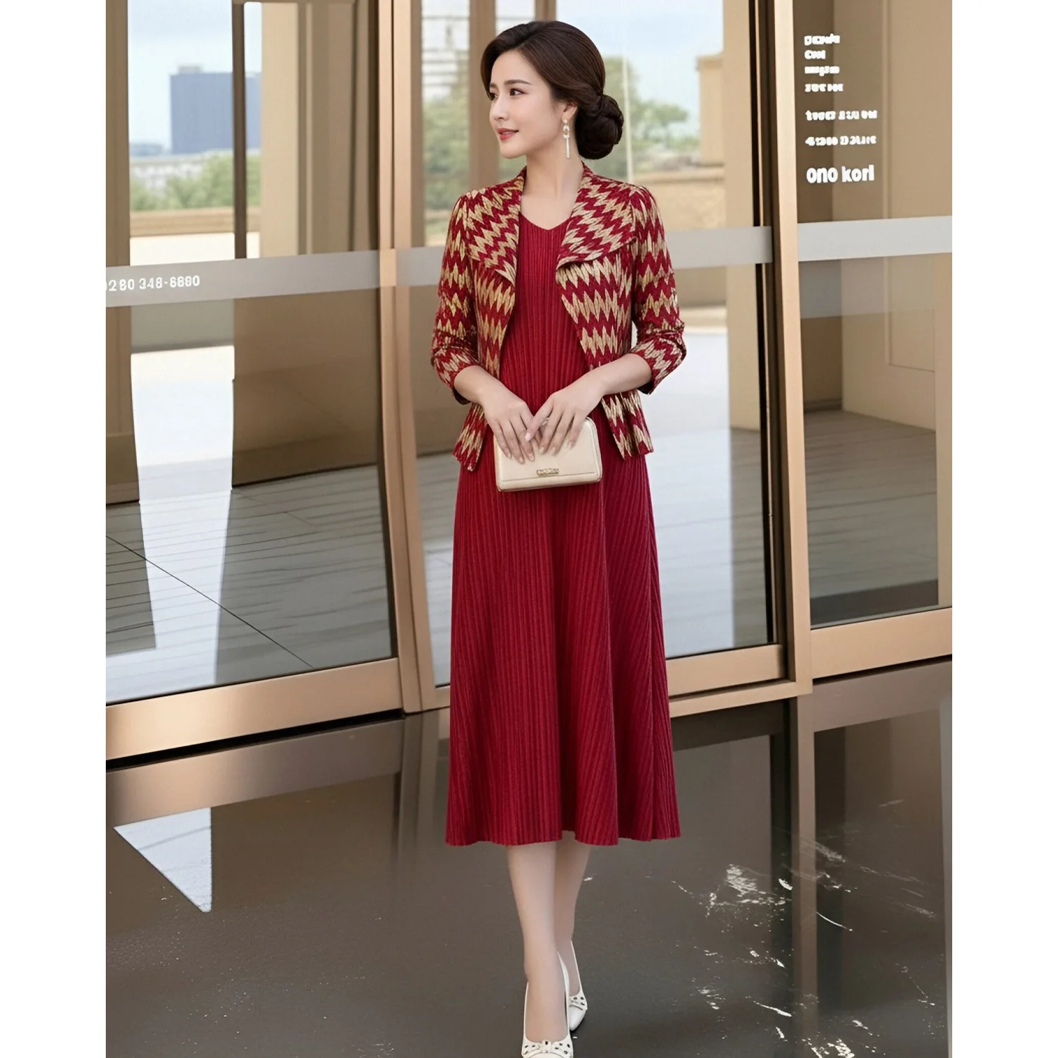 Miyake Pleated Faionable High-End Folded W-Line Bright Surface Spring New Arrival Two-Piece Set Slimming Dr and Jaet Ensemble