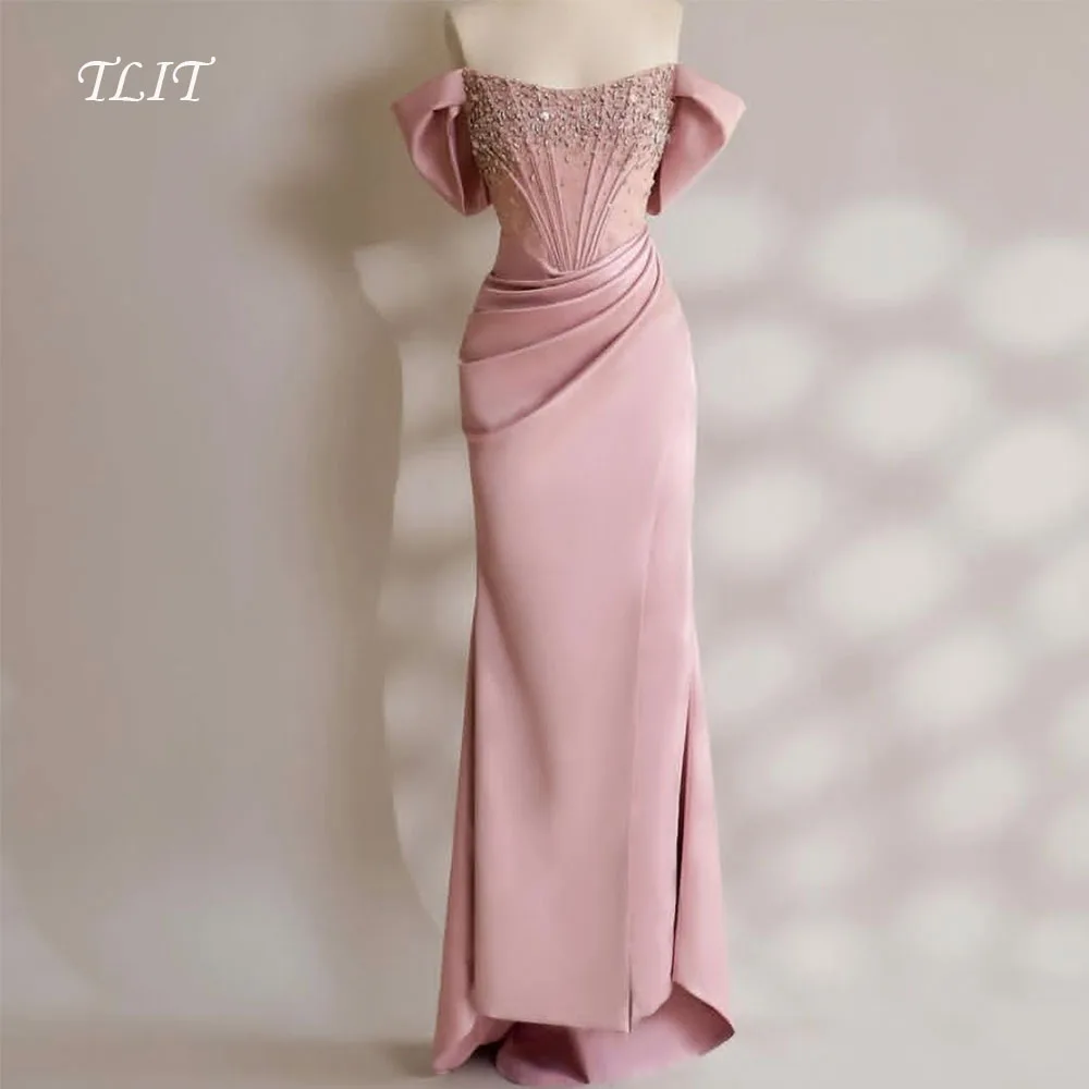 TLIT Elegant Baby Pink Silk Satin Evening Dresses Customized Off The Shoulder Crystals Strapless Prom Gowns A-Line تنورة