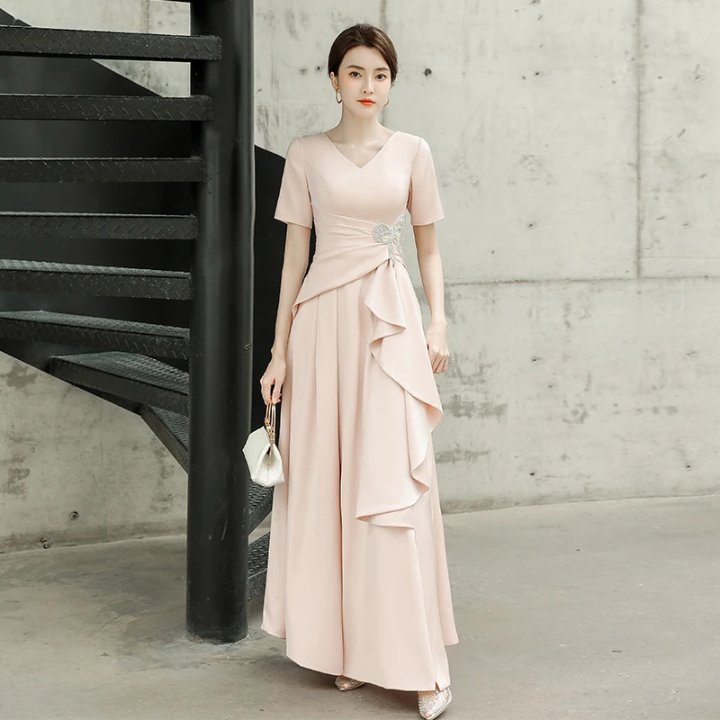 

Evening Dress Light Pink Jersey V-neck Short Sleeves Zipper Back A-line Floor Length Ruffles Plus Size Women Party Dresses C1765