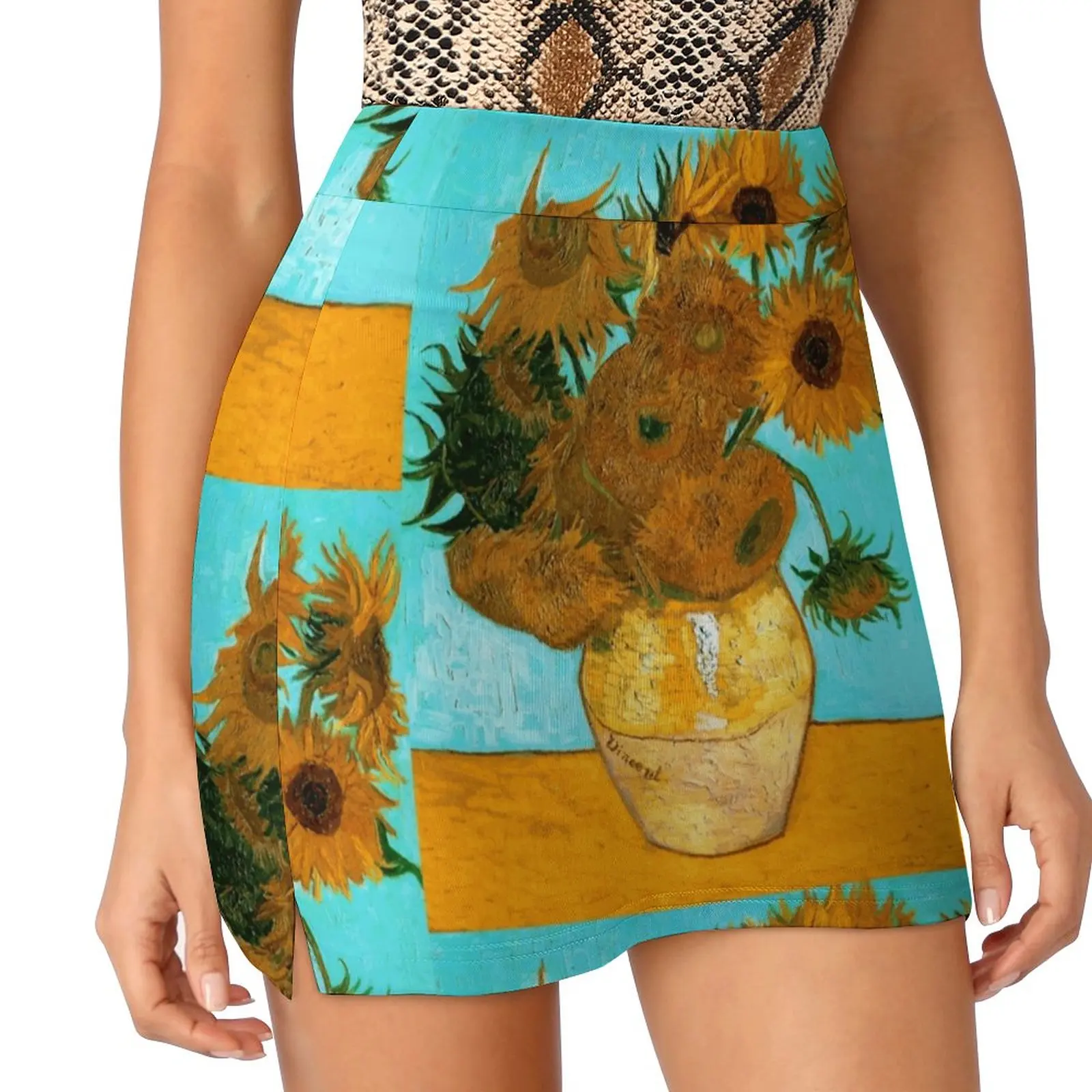 Van Gogh-Still Life Vase With 12 Sunflowers Women's skirt Mini Skirts A Line Skirt With Hide Pocket Sunflowers Van Gogh Still