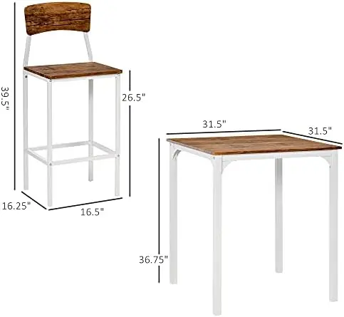 3-Piece Counter Height Bar Table Set, Industrial Kitchen Dining Set for 2, Walnut and White