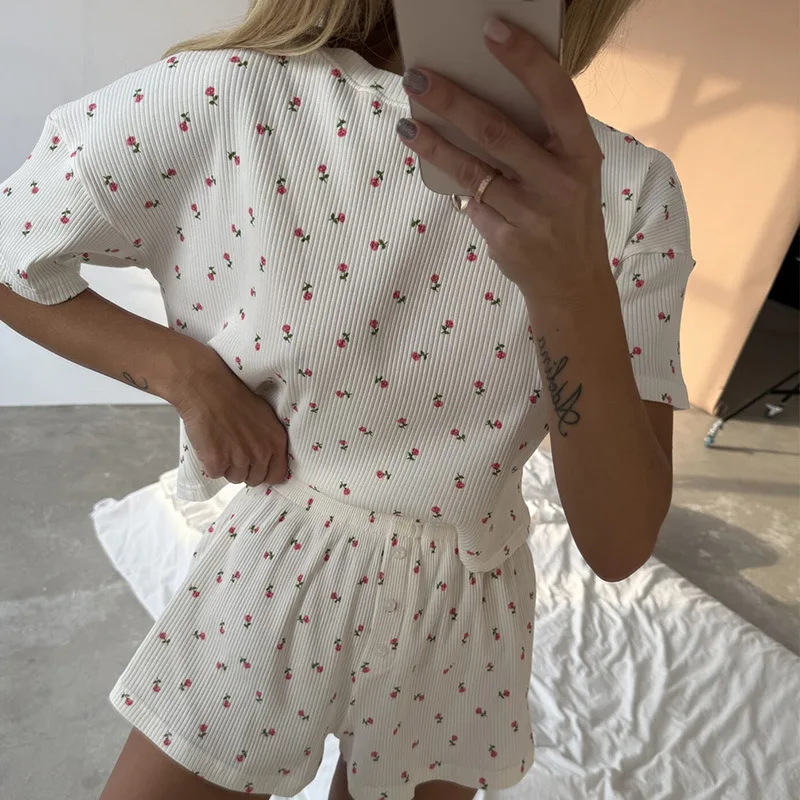 

New Printed Loose Soft Short-sleeved Shorts Women's Casual Suit Home Two-piece Set