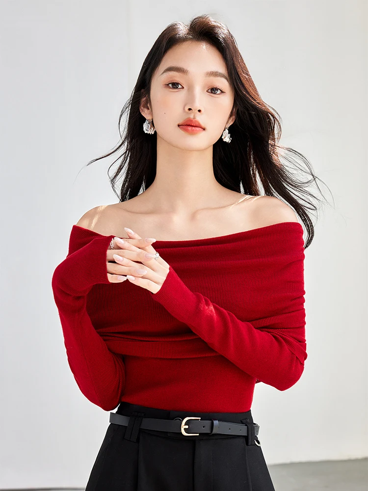 Autumn Winter Women Off Shoulder Sweaters Elegant Vintage Knitted Sweater Solid Color Top Soft Chic Pullovers