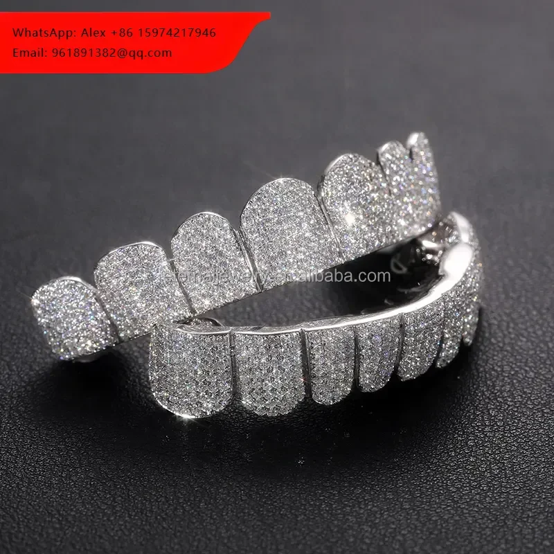 Best-seller Custom Fashion Hip Hop Jewelry 925 Sterling Silver Iced Out VVS Diamond Round Cut Moissanite Teeth Grillz Men Women