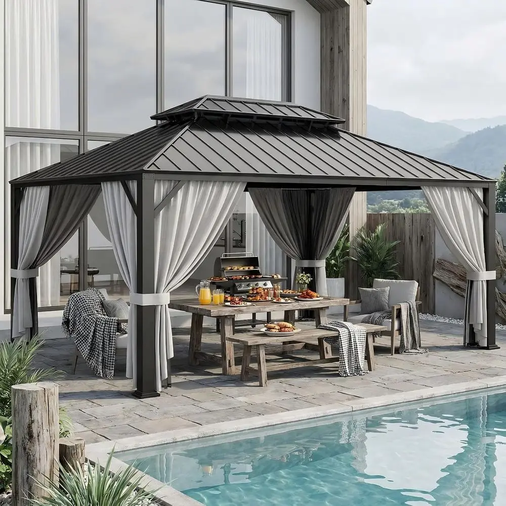 

16'x12' Hardtop Gazebo, ate e Gazebo with Galvanized Steel Double Roo, Outdoor Pergola with Curtain and Net, Backyard or Garden,