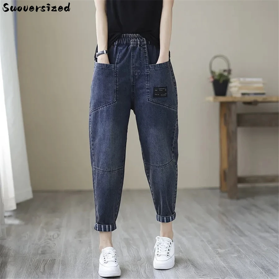 Vintage Cuffs High Waist Baggy Jeans Women Jogger Pants Casual Wide Leg Denim Trousers Stretch Capris Vaqueros Korean Pantalones