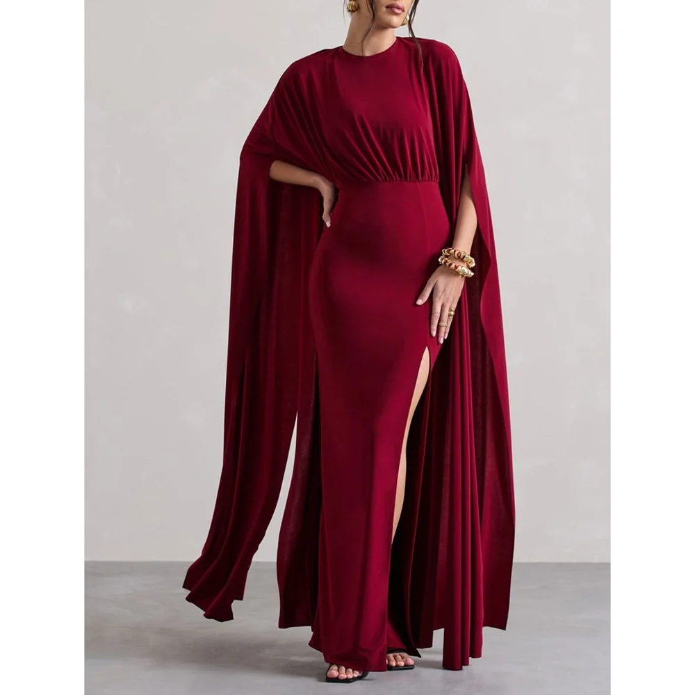 

Chic Red O-Neck With Cape Sleeves Long Prom Dress High Side Slit Straight Evening Cocktail Party Gowns Customized