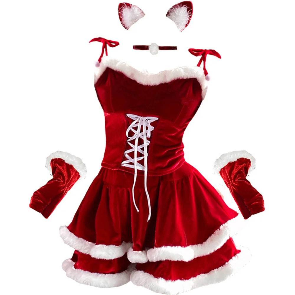 Christmas Cosplay Costume Women Santa Claus Play Costume Festival Party Mascot Garment Short Red Suspender Dress Anime Clothes