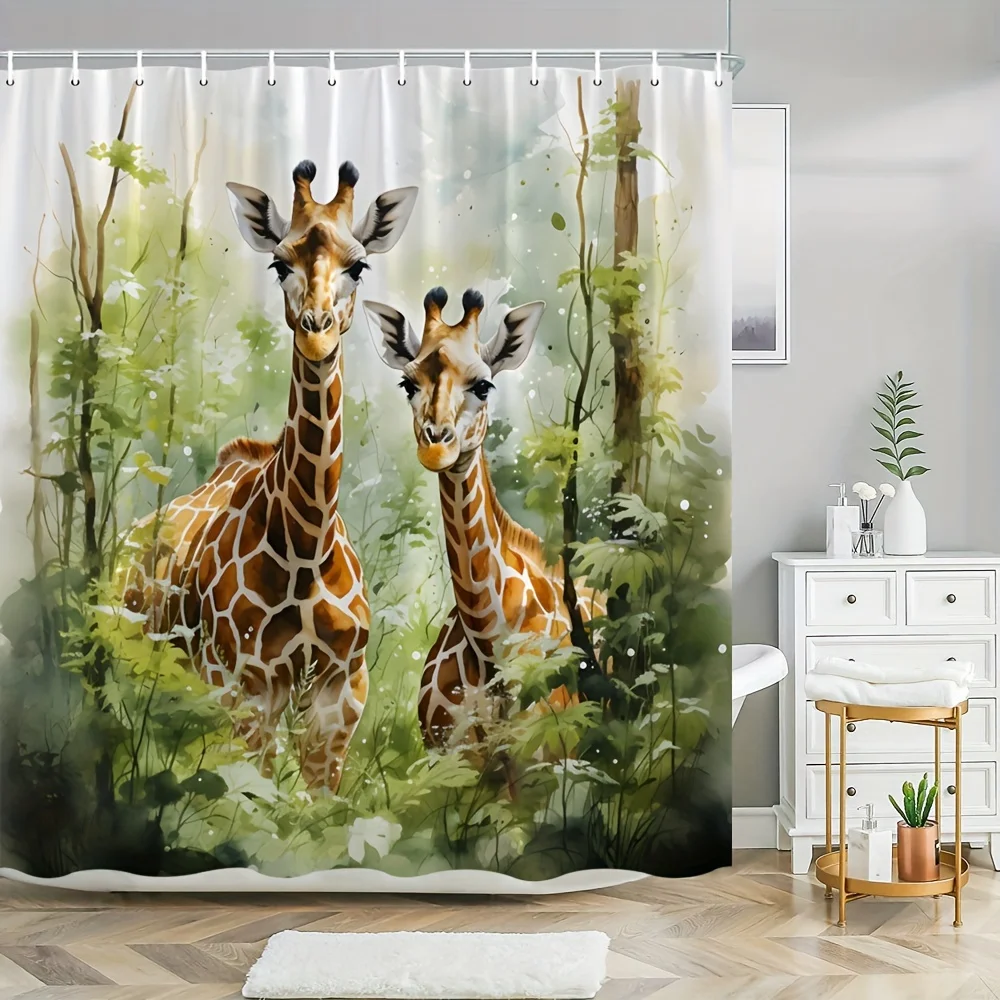 

"3D Watercolor Giraffe in Forest Waterproof Shower Curtain for Kids Bathroom Decor with Nature Theme and Artistic Design"