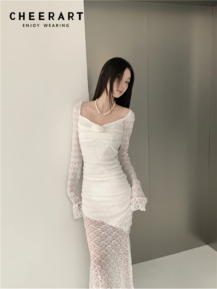 CHEERART White Lace Long Sleeve  Square Neck Midi Dress For Women Flare Sleeve Bodycon Tunics Mermaid Dress See Through