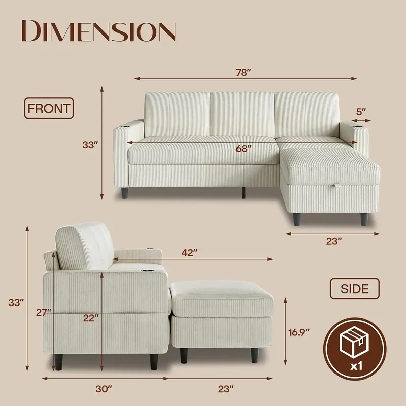 Convertible Sectional Couches for Living Room 3 Seats L Shaped Sofa with Storage Ottoman and 2 Cup Holders Modern Corduroy
