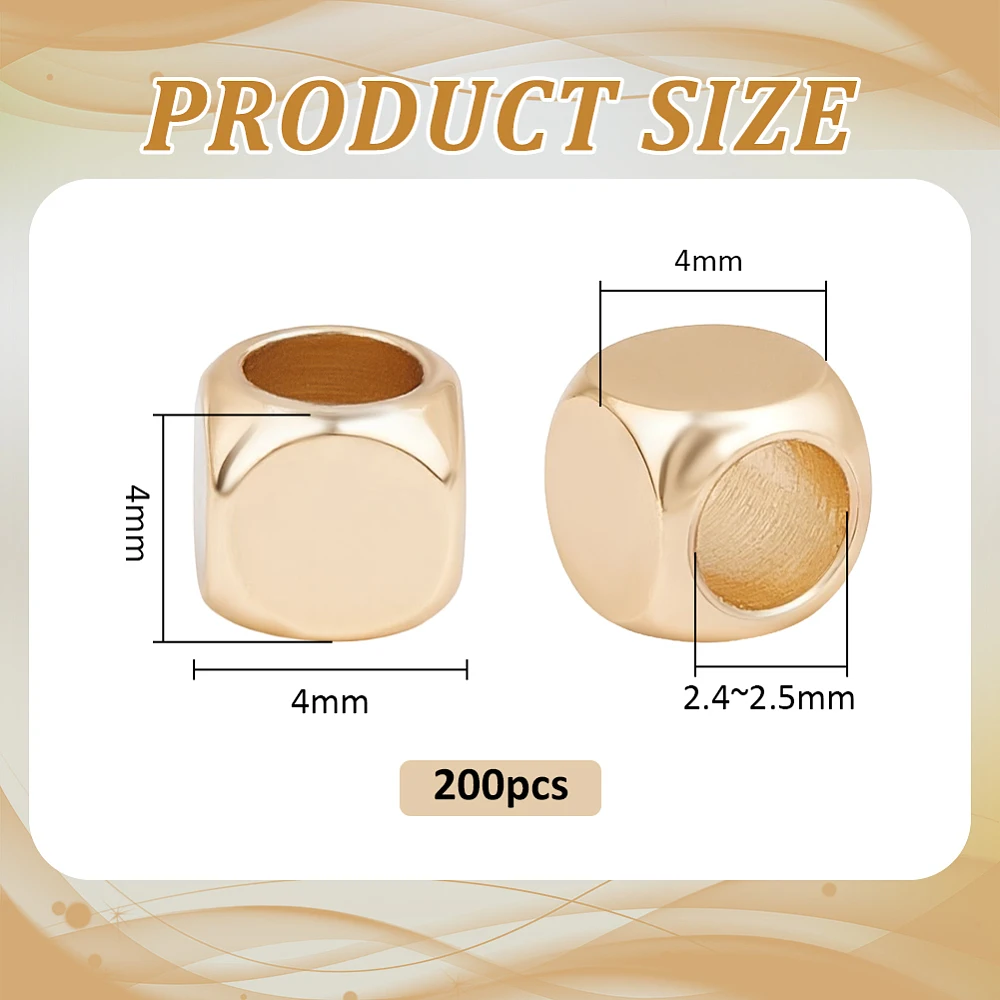 200PCS 14K Gold Plated Cube Beads 4mm Cornerless Cube Spacer Beads Square Metal Large Hole Long-Lasting Spacers for Stackable