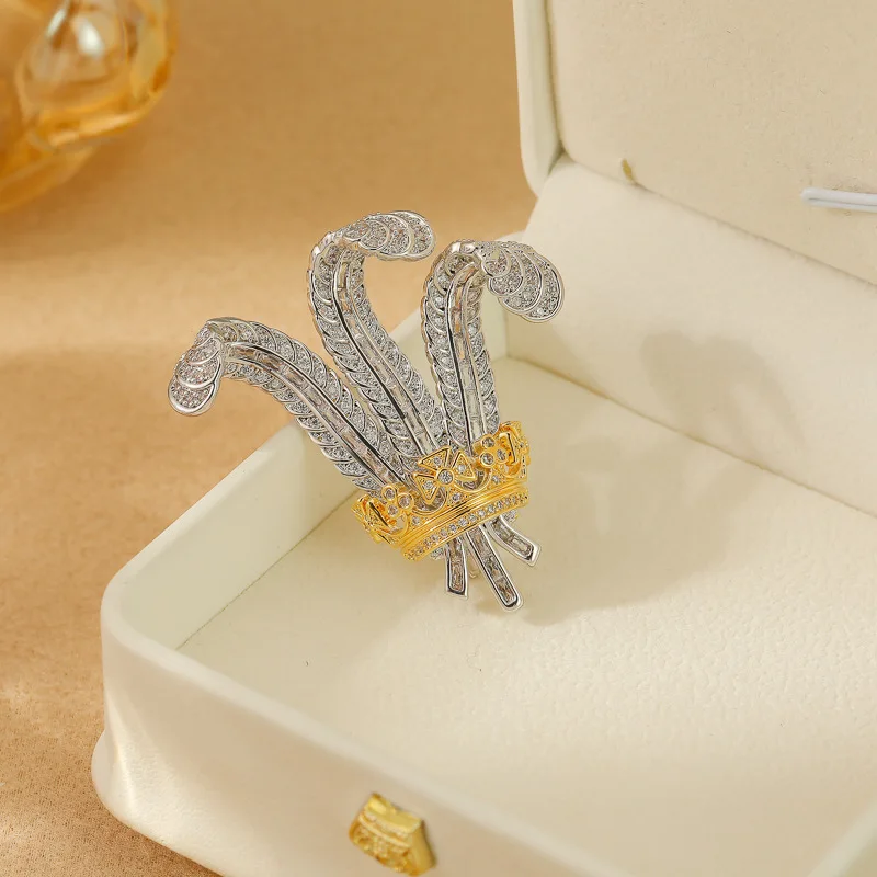 OKILY Retro Court Style Crystal Crown Chest Flower Brooches Elegant Zircon Feather pins Broche Decorativo De Ropa Woman Jewelry