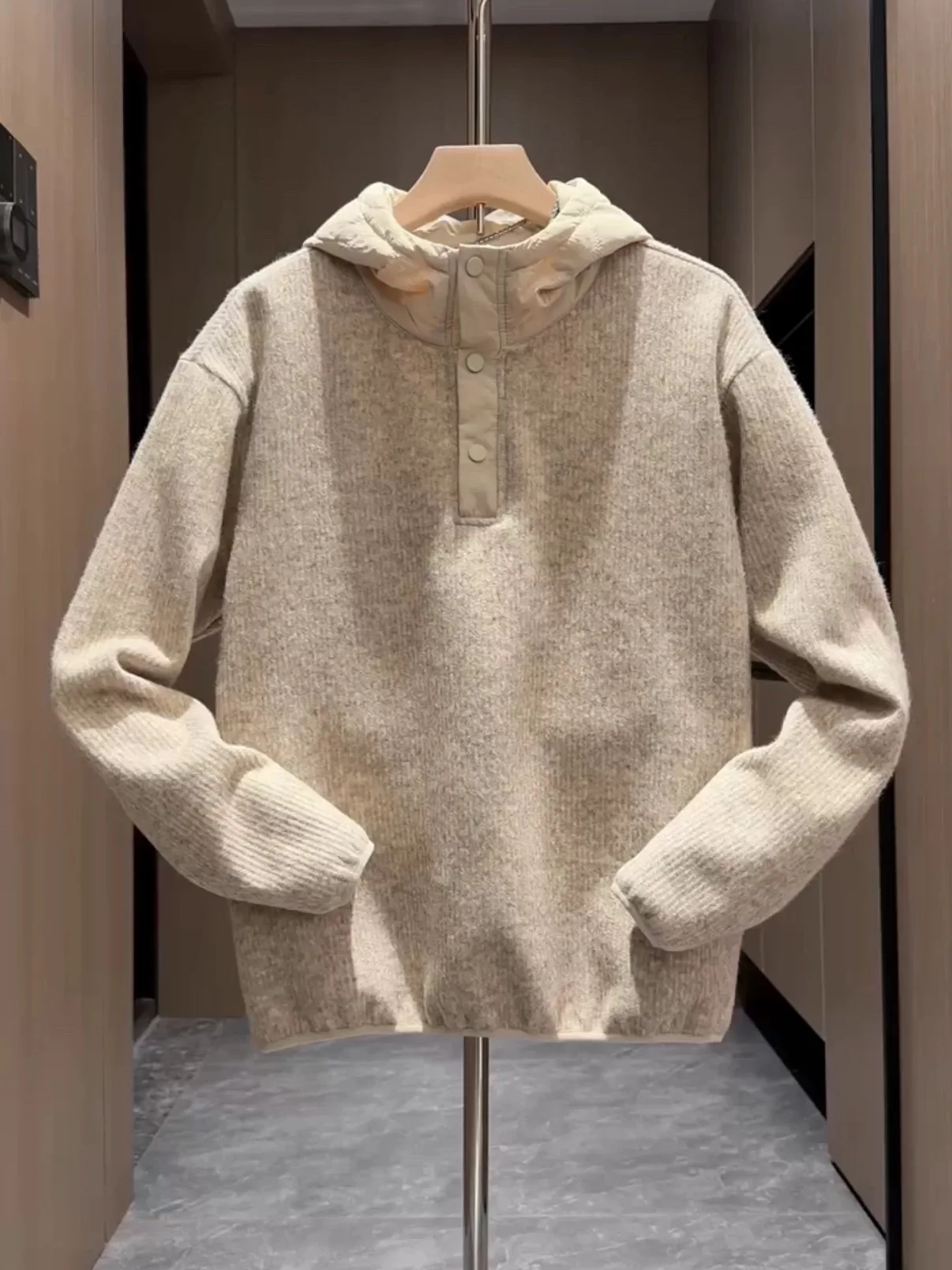 

Trendy Splice Knitted Sweater Hooded Casual Men's Long Sve Polyester Fiber Soft Comfortable Autumn Winter Faionable Stre...