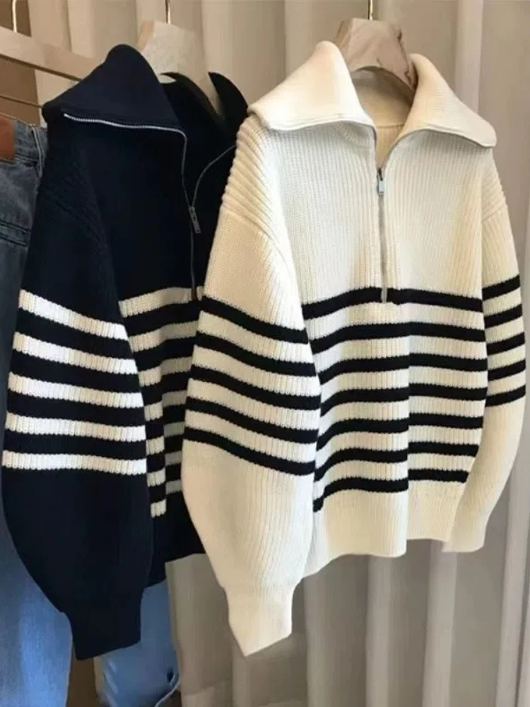 French Retro Lapel Half Zipper Contrasting Striped Sweater for Women's Autumn Lazy Style Pullover with Knitted Bottom