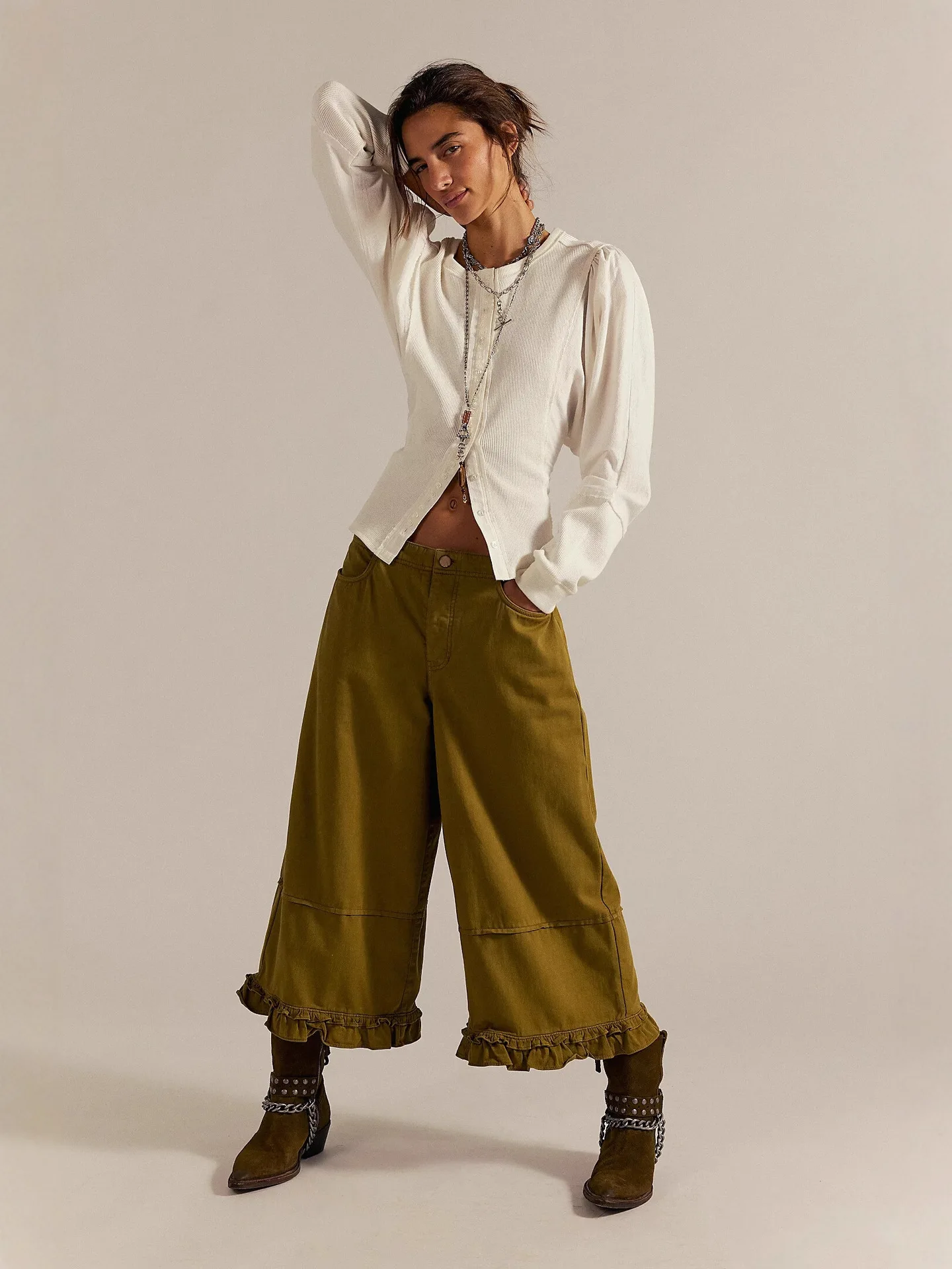 

Vintage Washed Denim Culottes Women High Waist Wide Leg Ruffled Frill Hem Cropped Pants Boho Casual Streetwear Fashion Jeans