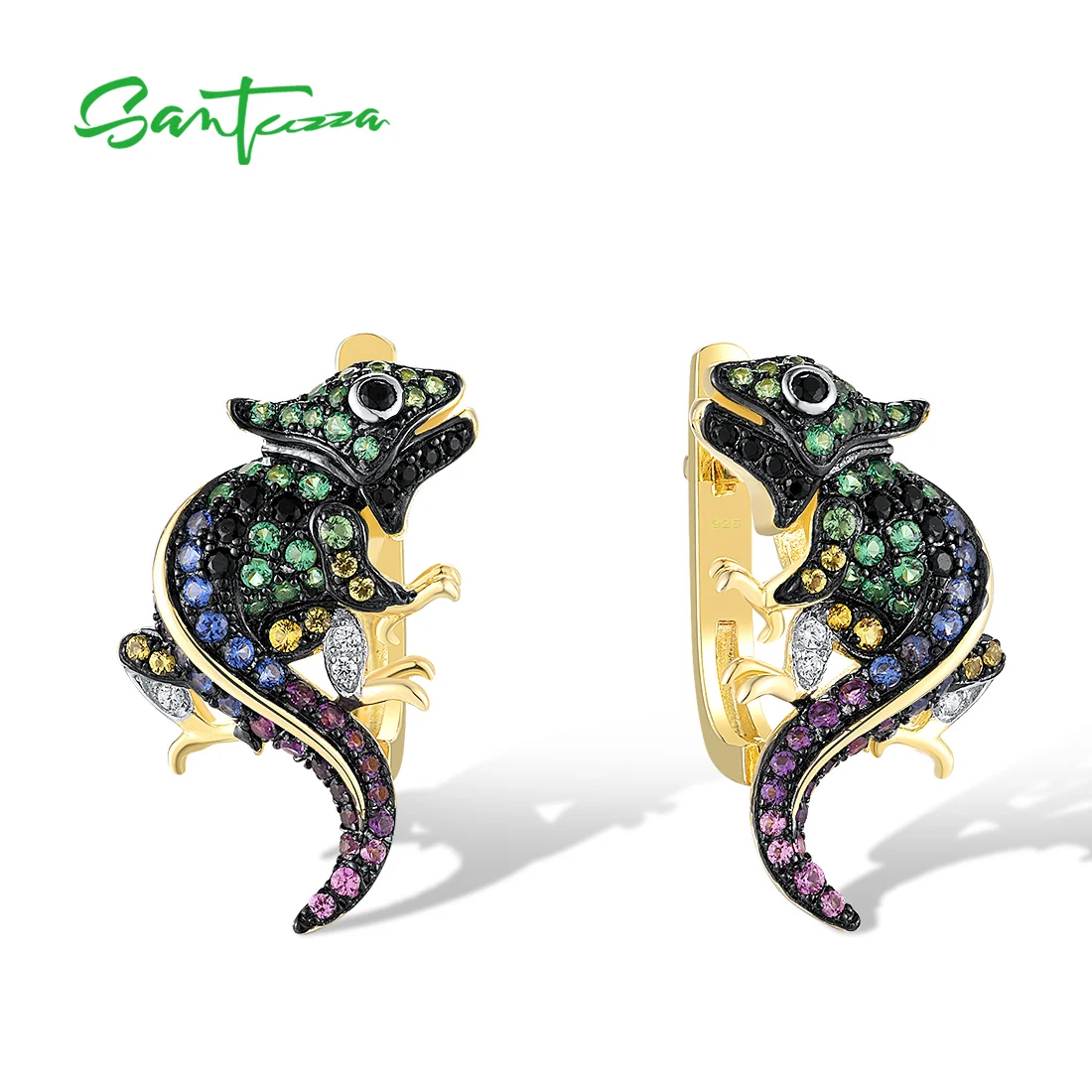 SANTUZZA Authentic 925 Sterling Silver Earrings For Women Sparkling Multi Color Gems Cute Chameleon Animal Party Fine Jewelry