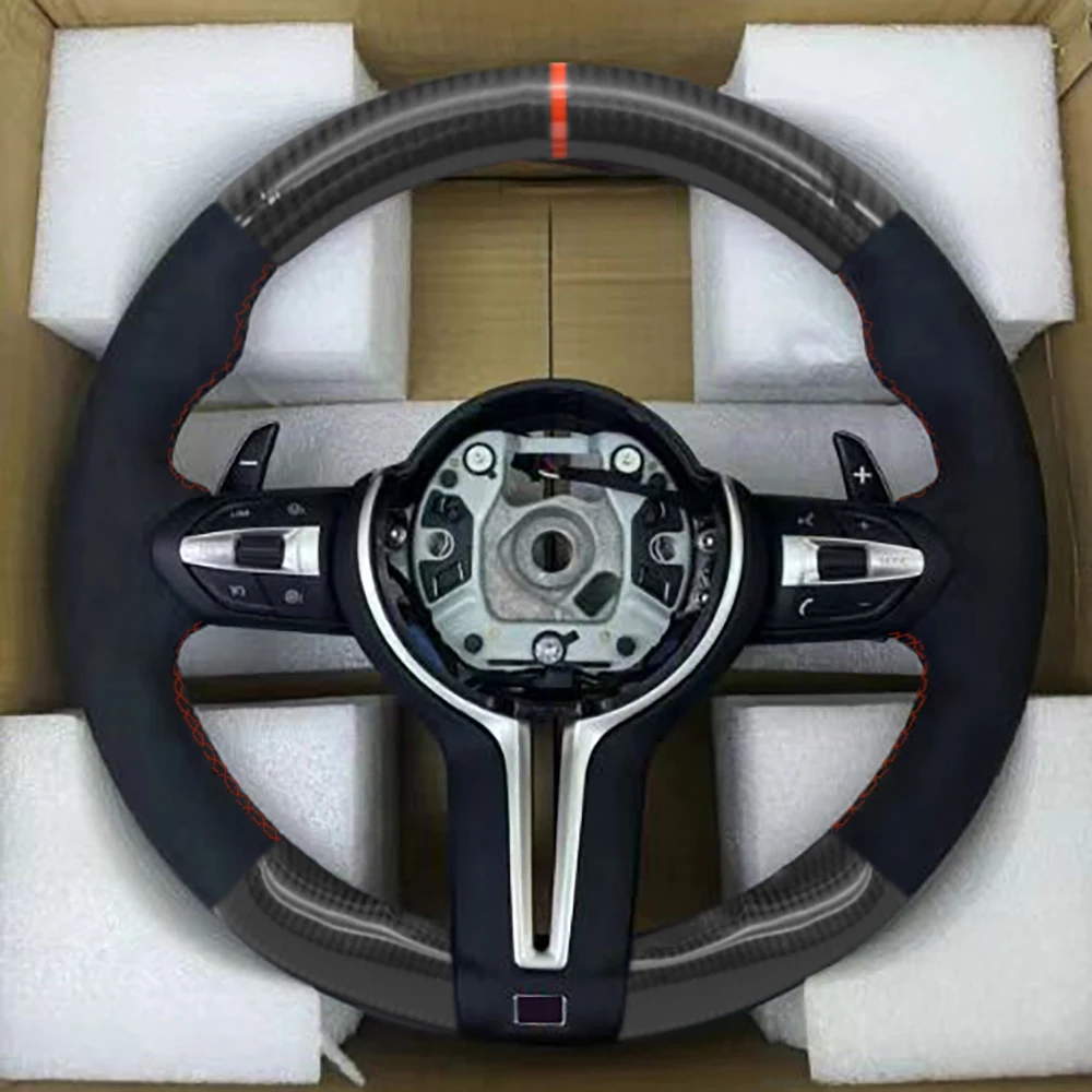 For BMW 3 /5 Series Alcantara Carton Fiber Red Stitching Steering Wheel With Paddles Button Assembly Accessories