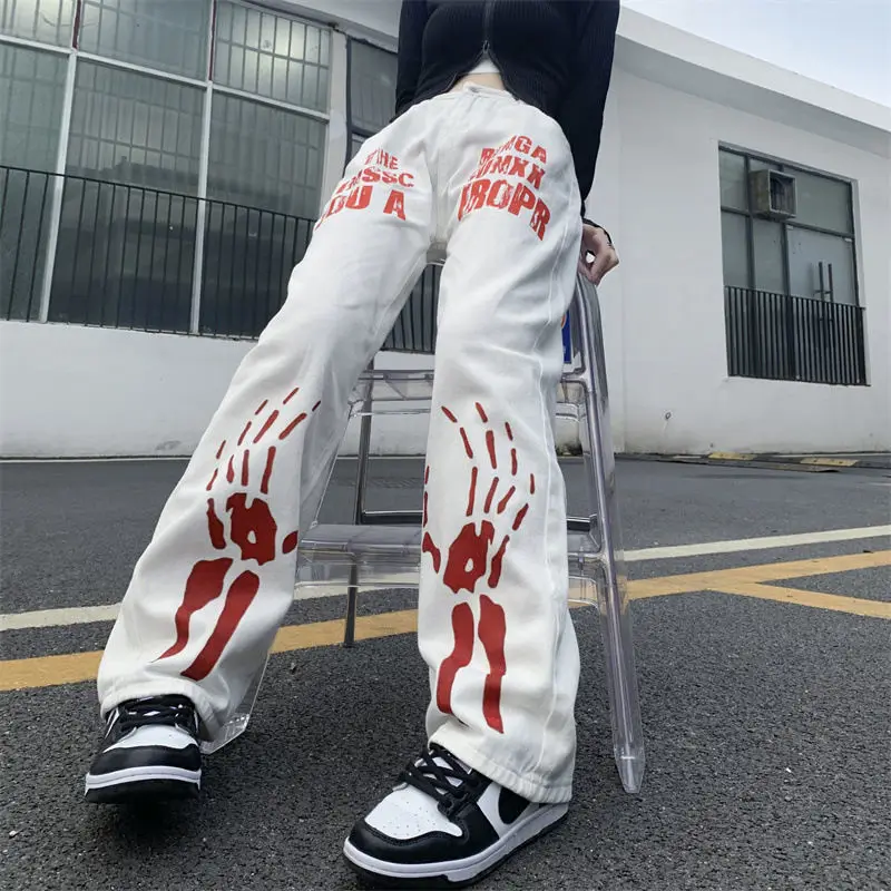 American style men and women trendy high street personalized skull letter printed jeans straight leg wide leg casual pants y2k