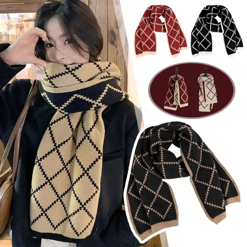 Women Girls Winter New Year Christmas Plaid Knit Scarf Shawl Warm Winter Protection Female Comfortable Wrap Soft Long Neck O0J9