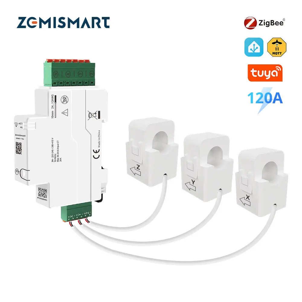 

120A Zigbee Din-rail Energy Meter Bidirectional Monitoring Solar PV System 3 Phase Power Measuring Home Assistant Zigbee2MQTT