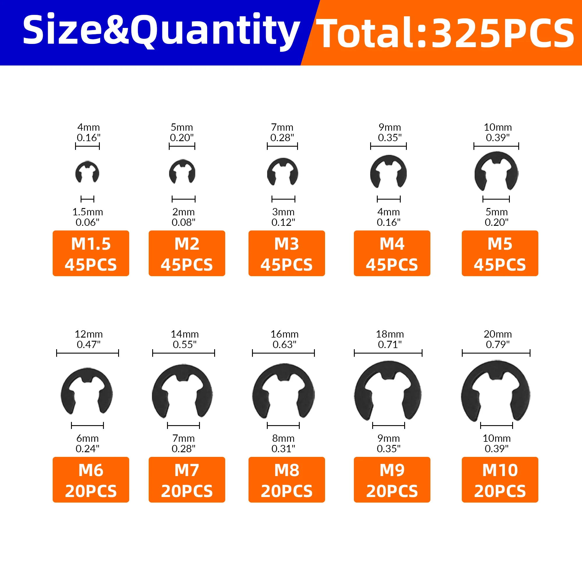 325pcs E-Clip Circlip External Retaining Ring Assortment Set M1.5 M2 M3 M4 M5 M6 M7 M8 M9 M10 for shaft fastener E-shaped
