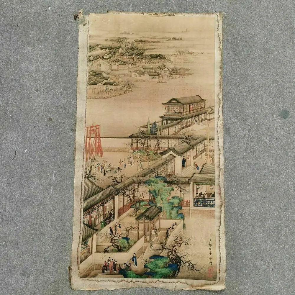 

Chinese Old Scroll Langshining's landscape figure Painting Rice Paper Painting