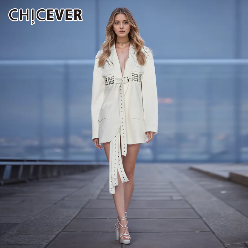 

CHICEVER Patchwork Belt Solid Blazers For Women Notched Collar Long Sleeve Spliced Pockets Streetwear Fashion Slim Blazer Female