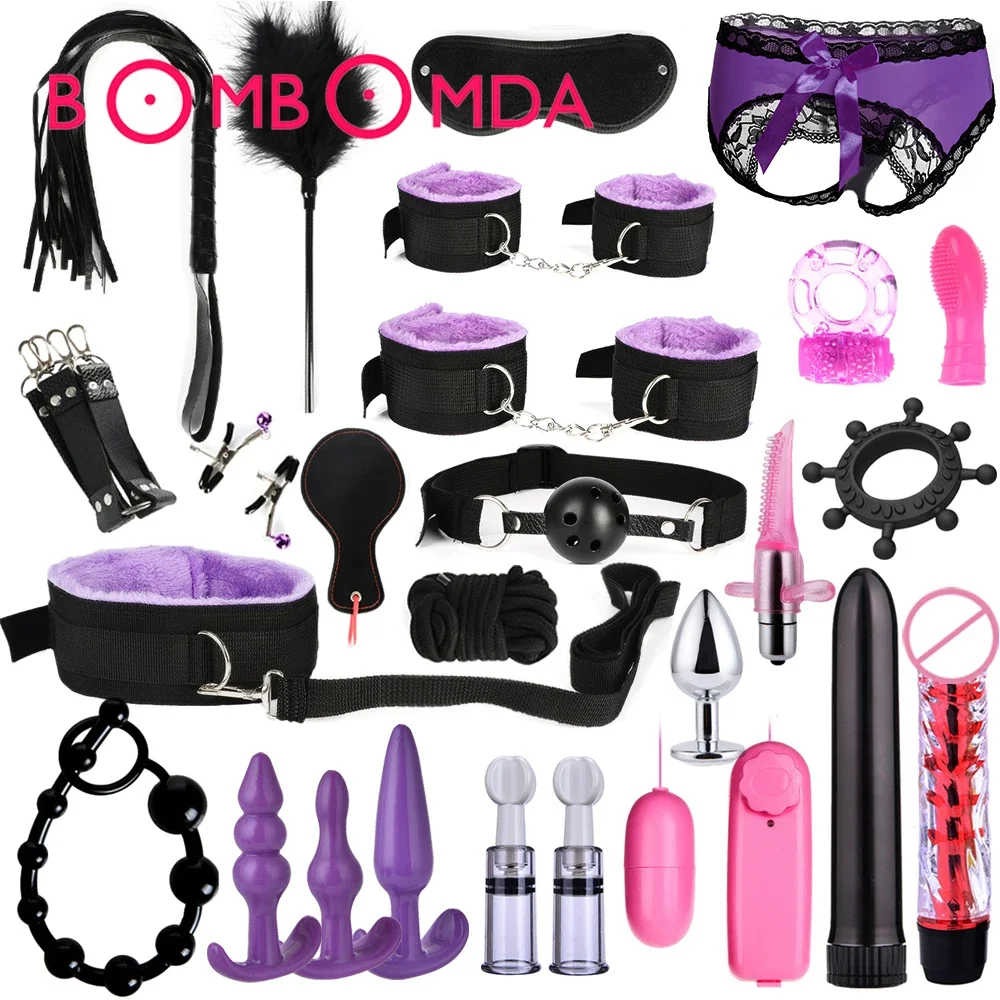 BDSM Kits Adults Sex Toys For Women Men Handcuffs Nipple Clamps Whip Spanking Sex Metal Anal Plug Vibrator Butt Bdsm Bondage Set