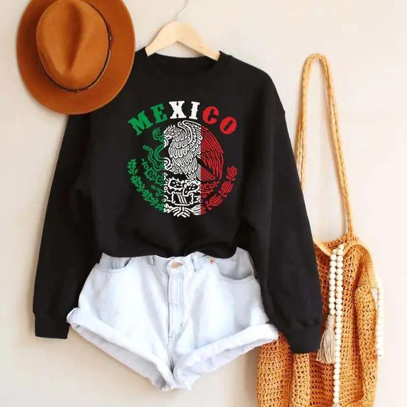 

Women's MEXICO Flag Sweatshirt Mexican National Emblem Print Pullover Fall Patriotic Cultural Loose Long Sleeve Top