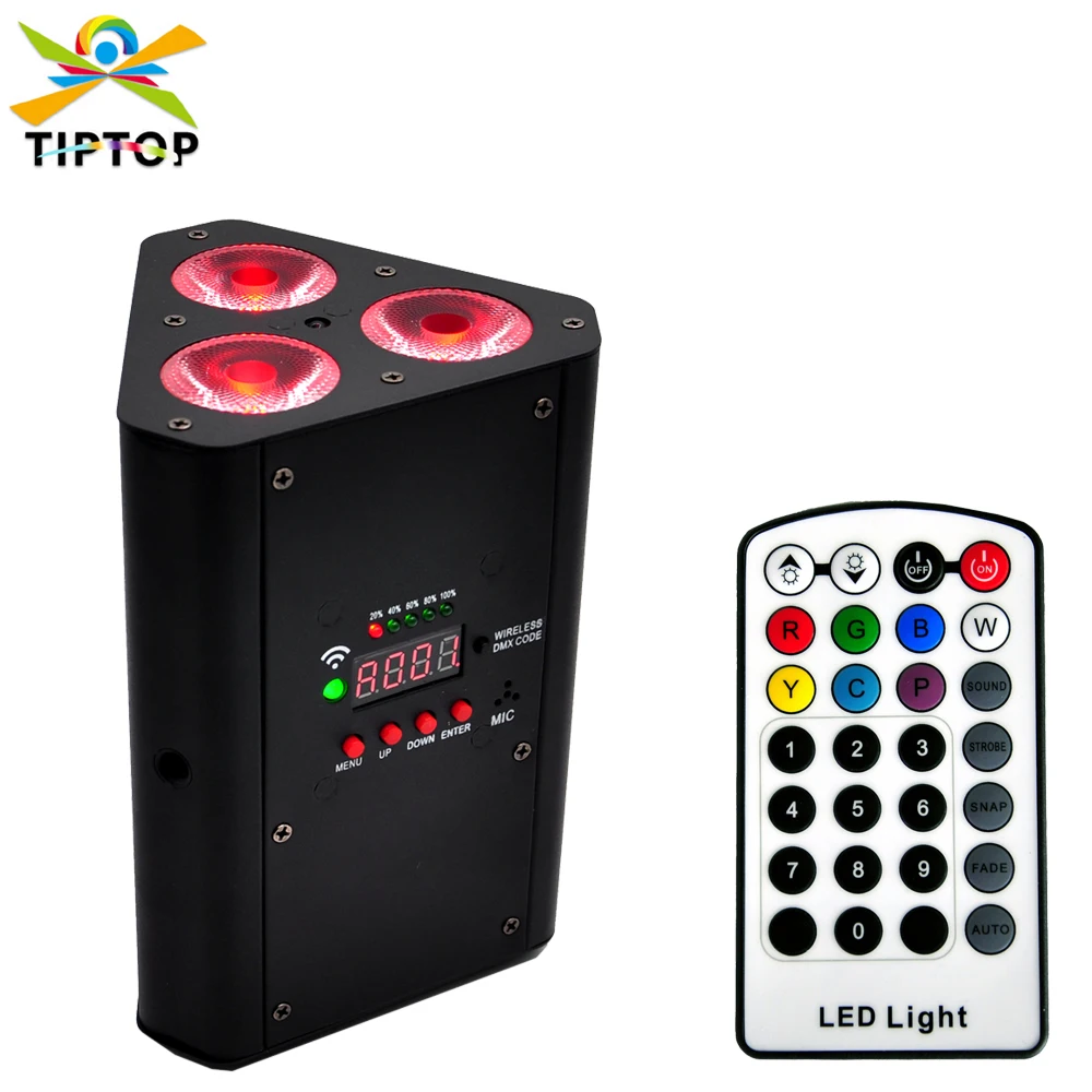 

TIPTOP 3x18 Вт RGBWA UV 6IN1 Трехугольный аккумулятор Led Par Light Мини-инфракрасный пульт дистанционного управления DMX512 Беспроводное управление ферма Par Power IN OUT
