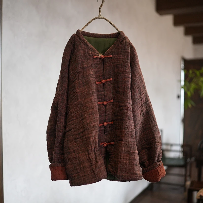 Thick Warm Cotton Linen Casual Coats Women New Arrival 2025 Winter Chinese Style Vintage Stand Collar Loose Female Jackets M2146