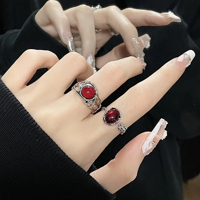 Irregular Rings With Opal Aesthetic Egirl Hollow Vintage Red Stone Rings For Women Y2k Flower Bud Open Ring Trendy Jewelry